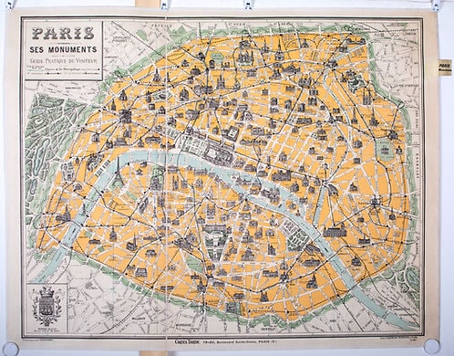 Paris monuments touristic map 1920 Taride linen backing - 2