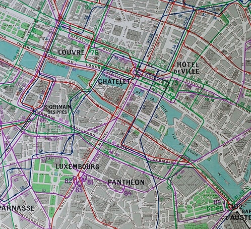 Large Paris bus stop RATP map with numbered lines 1963 Tarride - 2