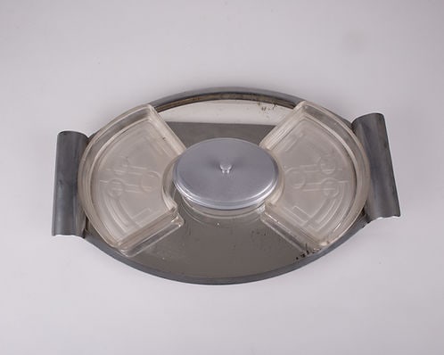 French art deco Metal serving Tray with Glass compartments: French Art deco serving tray , the mirror has some oxidation but in over all good usuable condition . circa 1920 .; H.2 X L.15 X W.9.5 Reserve: $80.00 Shipping: Domestic: Flat-rate of $35.00 to