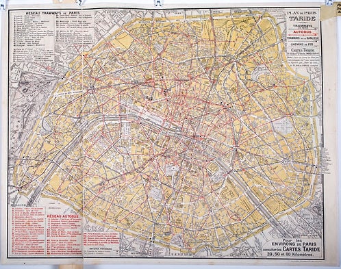 Large Paris Tramway/bus map lines 1920 Taride linen backing - 2