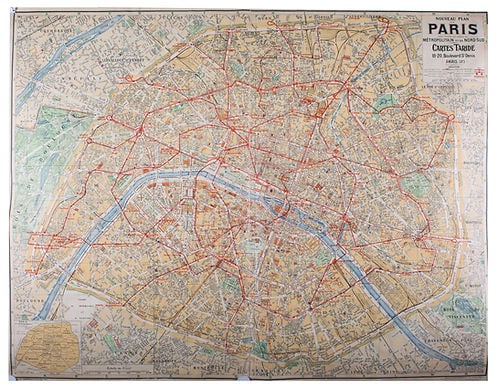 Paris subway map with numbered lines 1920 Tarride linen backing - 2