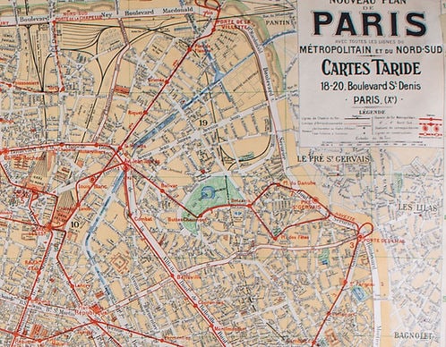 Paris subway map with numbered lines 1920 Tarride linen backing - 5