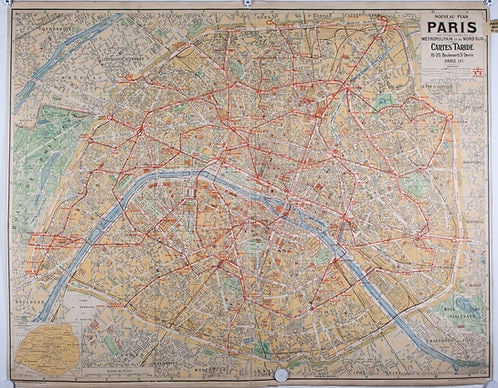 Paris subway map with numbered lines 1920 Tarride linen backing - 6