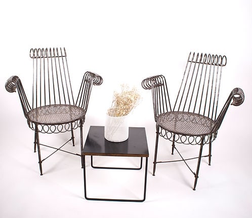 MATHIEU MATEGOT pair of metal armchair rigitulle cap d"ail French mid centu - 2