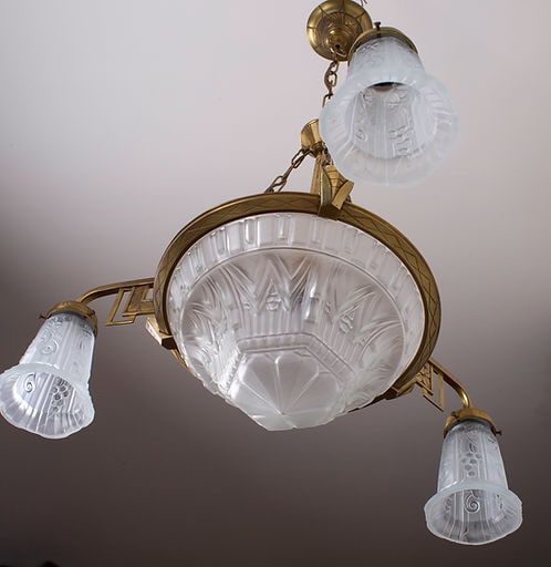 FRENCH Art-Deco Chandelier Manadier pressed glass 4 lights - 2