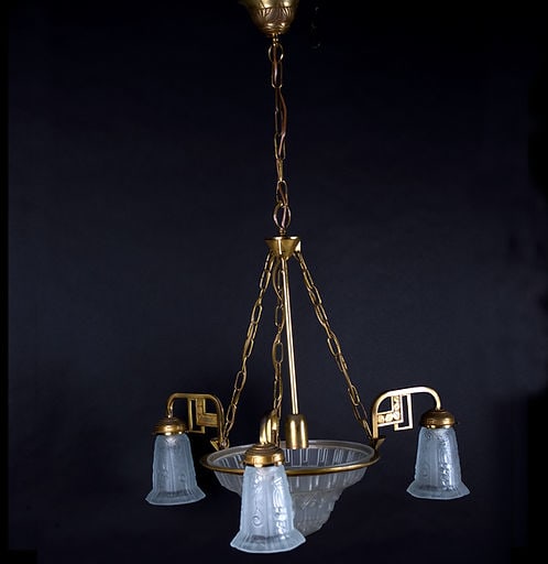 FRENCH Art-Deco Chandelier Manadier pressed glass 4 lights - 3