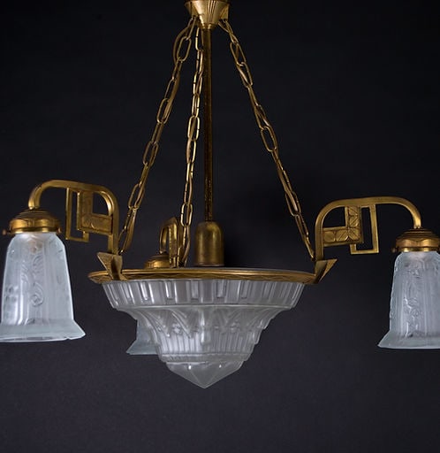 FRENCH Art-Deco Chandelier Manadier pressed glass 4 lights - 4