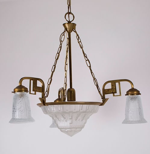FRENCH Art-Deco Chandelier Manadier pressed glass 4 lights - 5