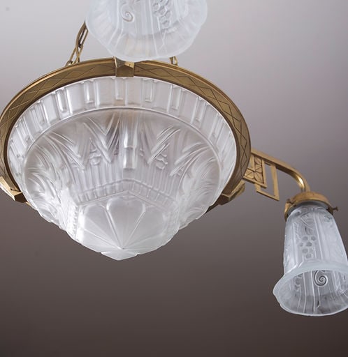 FRENCH Art-Deco Chandelier Manadier pressed glass 4 lights - 7