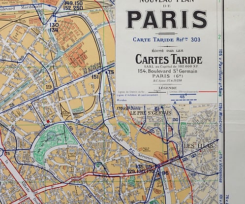 Paris bus stop map with numbered lines 1953 Tarride - 4