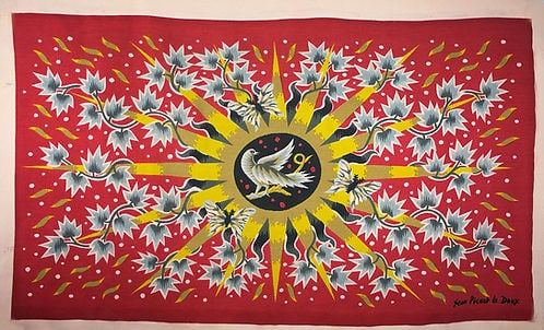 FRENCH TAPESTRY JEAN PICART LEDOUX MODERNIST Soleil d'ete: Created in France in the 1950 this cotton tapestry reflect the democratic desire of that time to produce affordable art . Neo fantastic and influenced by the cubist movement Picart Ledoux tapestry