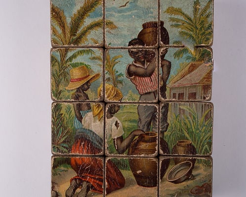 French wood cube puzzle chromolithography racially charge subject 19th. - 2