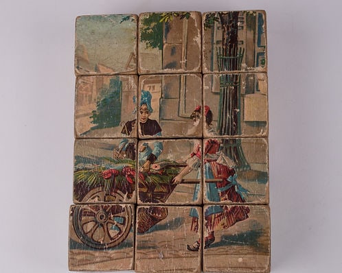 French wood cube puzzle chromolithography racially charge subject 19th. - 5