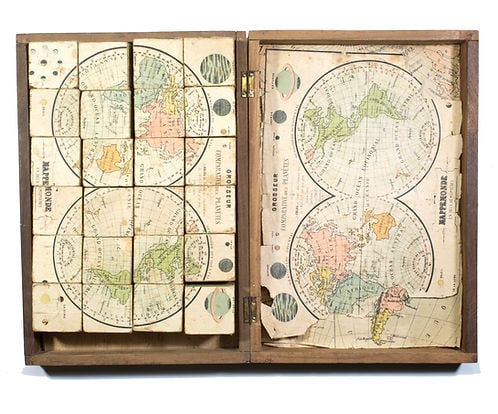 Puzzle box with wood cubs with maps of the worlds atlas 1890 french - 6