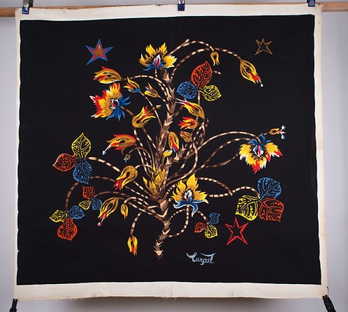 FRENCH silkscreen TAPESTRY JEAN Lurcat MODERNIST COROT: Made in France in the 1950 this cotton tapestry reflect the democratic desire of that time to produce affordable art . Neo fantastic and influenced by art nouveau movement Lurcat tapestry use the