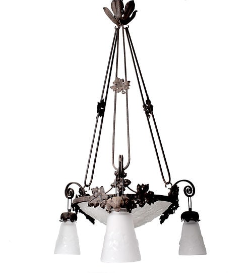 FRENCH ART DECO CHANDELIER GLASS MULLER Cubist brown metal (1 of 6)
