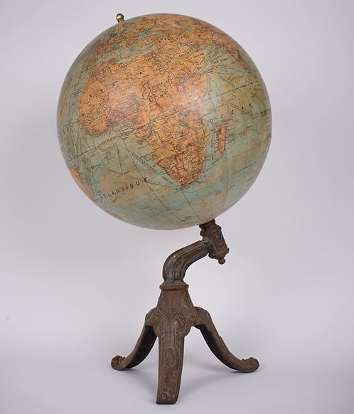 1880 LEBEGUE 17" FRENCH TERRESTRIAL GLOBE ANTIQUE Dubail editor: Lebegue terrestrial globe with cast iron base featuring an inusual large size , This 17 inches French globe has "Lebegue and Cie " on its tag , Paris (J. LEBEGUE & CIE / EDITES. / 25, rue de Lille, / 