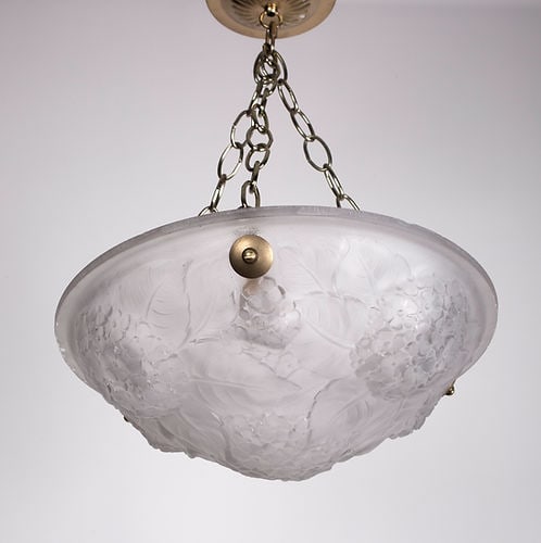 FRENCH ART DECO CHANDELIER GLASS MULLER lilac flower motive: This chandelier, crafted in France during the late 1920s to early 1930s, is an unsigned piece by the Muller brothers , whose renowned work was highly desired for their chandeliers and art glass