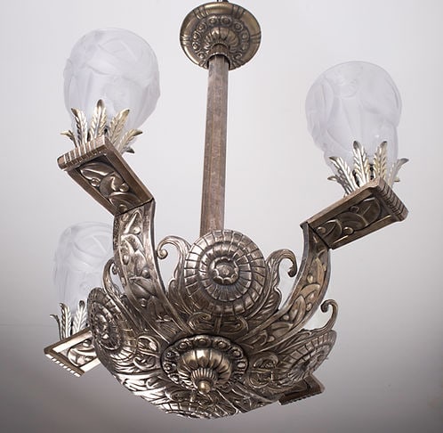 FRENCH Art Deco CHANDELIER Brass nickeled plated Degue - 2