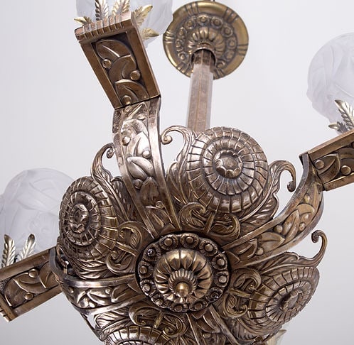 FRENCH Art Deco CHANDELIER Brass nickeled plated Degue - 3