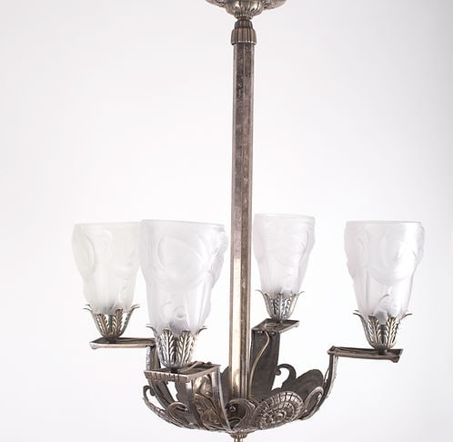 FRENCH Art Deco CHANDELIER Brass nickeled plated Degue - 4