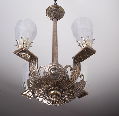 FRENCH Art Deco CHANDELIER Brass nickeled plated Degue - 5