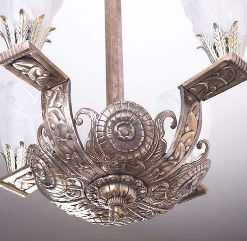 FRENCH Art Deco CHANDELIER Brass nickeled plated Degue - 9