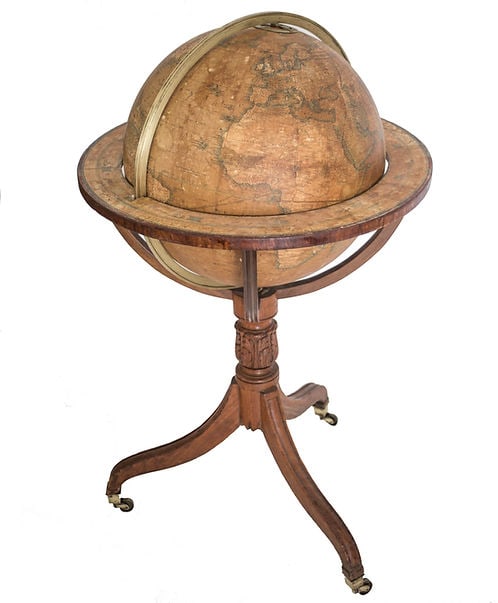 18-inch W & T M Bardin terrestrial globe on stand, English, 1843: The Bardin Family was one of the greatest British globe makers of the late eighteenth to early nineteenth centuries. The firm was established by William Bardin (1740-1803) around 1780, when he