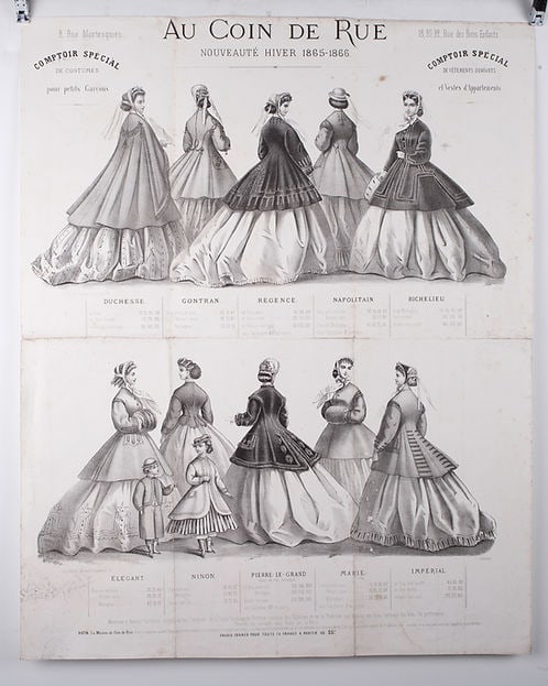 Poster 19th french lithogravure of fashion advertisement 1865 early magazine: Lithograph, avertisement catalogue of the 1865 fashion in France , which was at the time the cultural center of elegance and art of Europe .During the Second Empire, the most important stores
