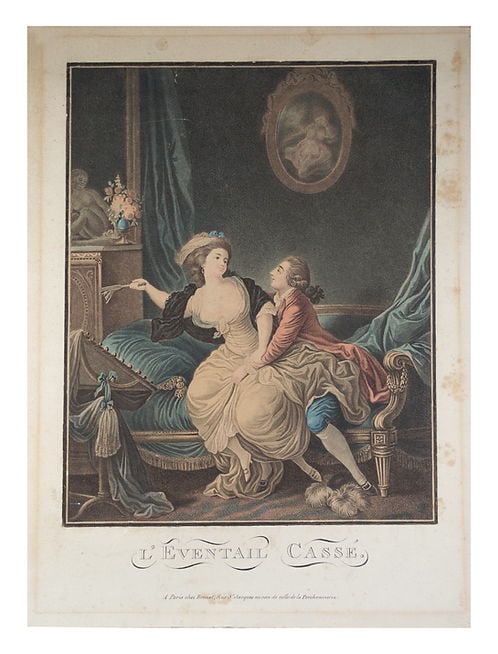 Broken fan French Engraving 18 th.: Engraving possibly from an 18th century work by French artist Charles-Melchior Descourtis, 1753 - 1820. A seduced lady has been warding him off with her fan, which is now broken , surrendering.; A