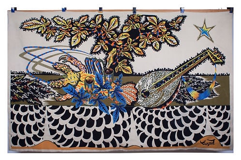 FRENCH silkscreen TAPESTRY JEAN Lurcat MODERNIST AUBUSSON La Table# 2: Made in France in the 1950 this cotton tapestry reflect the democratic desire of that time to produce affordable art . Neo fantastic and influenced by art nouveau movement Lurcat tapestry use the