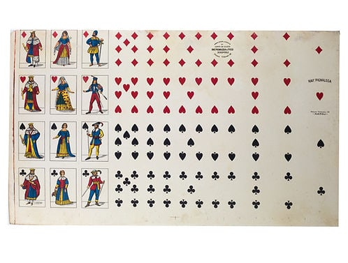 Uncut sheet playing card French suite PIGNALOSA NAPOLI full body: French suite edited by Edoardo Pignalosa, Rampe Brancaccio 76, Napoli , The cards are French-suited, elongated and narrow, and their design is reminiscent of several used in eighteenth century south