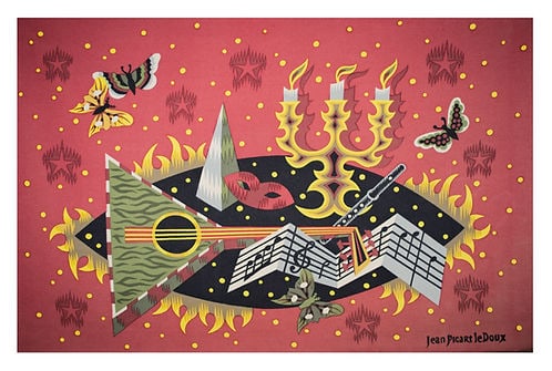 FRENCH TAPESTRY JEAN PICART LEDOUX MODERNIST AUBUSSON MID CENTURY Robert Four: Created in France in the 1950 this cotton tapestry reflect the democratic desire of that time to produce affordable art . Neo fantastic and influenced by the cubist movement Picart Ledoux tapestry