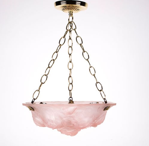 FRENCH ART DECO CHANDELIER GLASS MULLER Rose flower motive pink - 2