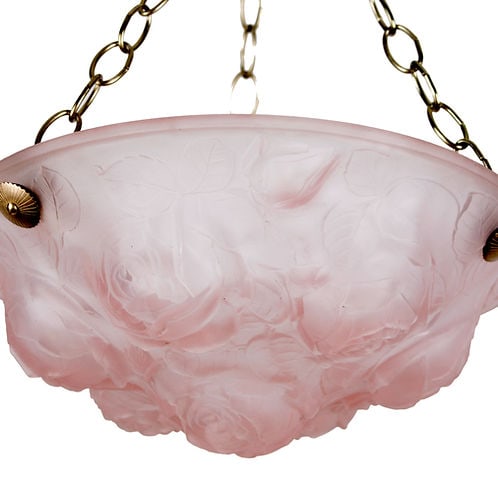 FRENCH ART DECO CHANDELIER GLASS MULLER Rose flower motive pink - 4
