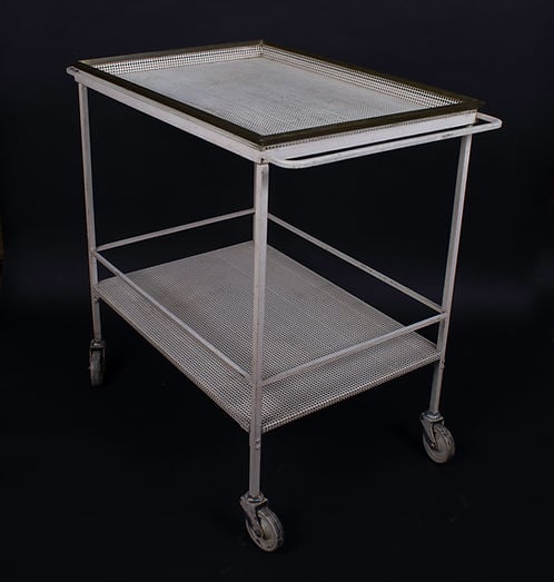 FRENCH MODERNIST white serving table MATEGOT Mid century: Embark on a journey through French modernist design with this captivating trolley crafted in the 1950s by the legendary Mathieu Mategot. With his signature bent metal "rigitulle," the trolley exudes a