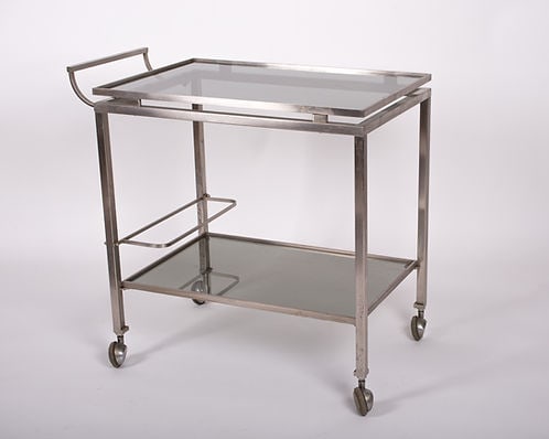 Guy Lefevre Rolling Bar Cart French mid century Maison Jansen: Guy Lefèvre is a French designer who has worked on the contrasts between materials, playing with shiny and matt. Its furniture is geometric and very elegant in its line. One of the characteristic