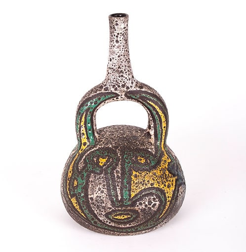 Mid-Century French Pottery ACCOLAY Ceramic stirrups vase: Interesting large mid-century pottery from France. In Accolay, a group of artists, similar to the Vallauris group made famous by Picasso were experimenting to produce artistic pieces for everyday