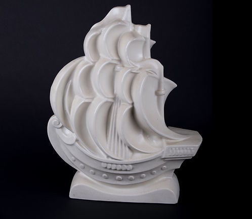 French Art Deco craquele Crackle Ceramic decorative art: Crackled porcelain art piece were very popular during the art deco period 1920-1940 , this sailing boat can be found as a decorative feature in an office created by Marcel Gascoin in 1930 , bringing
