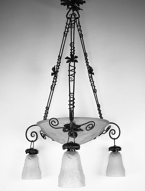 FRENCH ART DECO CHANDELIER MOLDED Molded GLASS CUBIST MULLER Poppy Motive: Made in France in the late 1920's early 1930's this Chandelier is in the manner of Muller ,while unsigned the quality clearly matched their creation .Those were hand sanded and etched after being mold