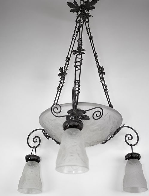 FRENCH ART DECO CHANDELIER MOLDED Molded GLASS CUBIST MULLER Poppy Motive - 2