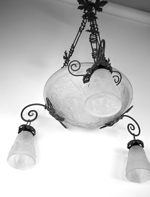 FRENCH ART DECO CHANDELIER MOLDED Molded GLASS CUBIST MULLER Poppy Motive - 3