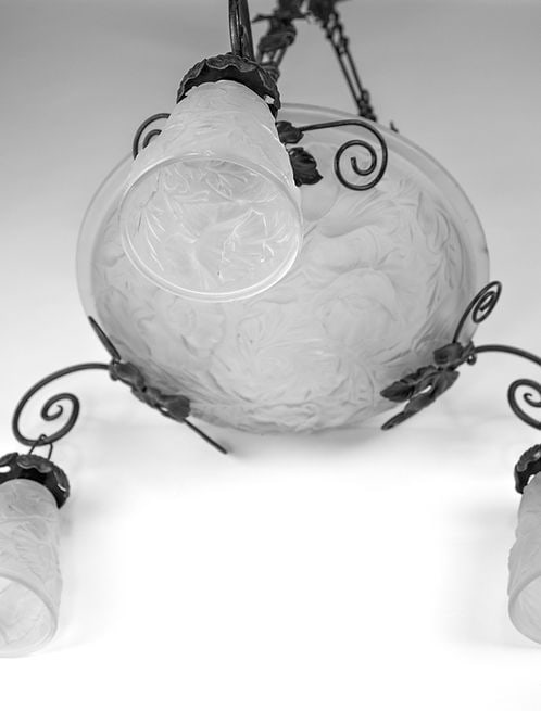 FRENCH ART DECO CHANDELIER MOLDED Molded GLASS CUBIST MULLER Poppy Motive - 5