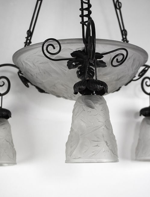 FRENCH ART DECO CHANDELIER MOLDED Molded GLASS CUBIST MULLER Poppy Motive - 8
