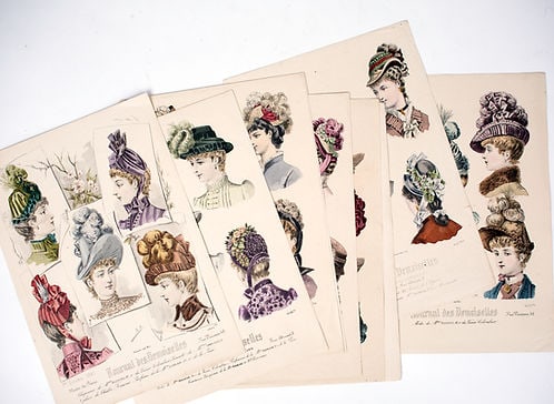 19th french lithogravure of fashion advertisement 1865 early magazine Set of 8: Lithograph, avertisement catalogue of the 1865 fashion in France , which was at the time the cultural center of elegance and art of Europe .Le Magazin des Demoiselles (1864-1865 ) was one of the most