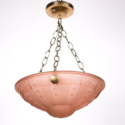 FRENCH ART DECO CHANDELIER MOLDED MULLER CUBIST: This chandelier, crafted in France during the late 1920s to early 1930s, is an unsigned piece by the Muller brothers , whose renowned work was highly desired for their chandeliers and art glass