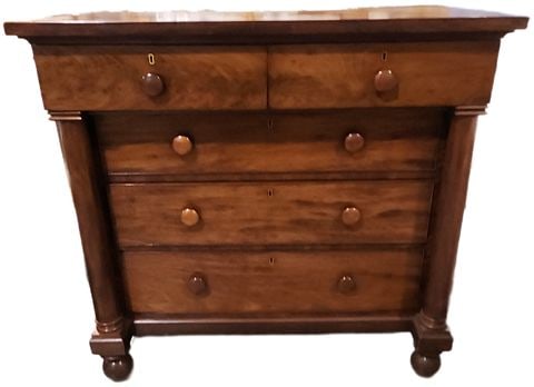 Antique American Empire Crotch Mahogany 5-Drawer Highboy Chest Dresser. Circa Mid 1900s. 47W x 25D x - 2