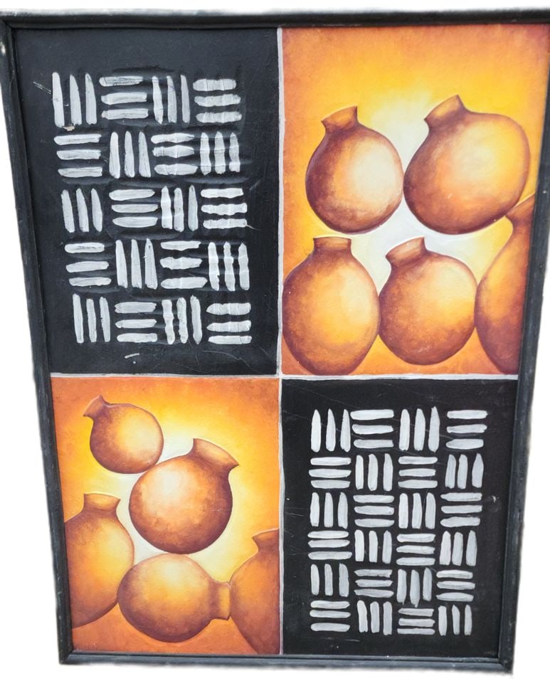 30x40 in bold African-themed vintage original oil painting repeating the symbol for Three Rivers: Title: 30x40 in bold African-themed vintage original oil painting repeating the symbol for Three Rivers Description: 30x40 in bold African-themed vintage original oil painting repeating the symbol