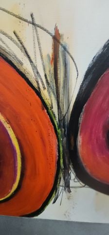 Vibrant modernist abstract oil painting 24x36 w/bold geometric imagery & strong contrasting colors. - 2