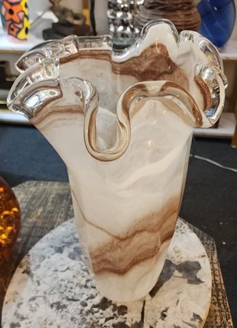 Vintage 14h × 13w x 10d Murano Style hand-blown art glass vase ruffled w/ embedded swirl - 2